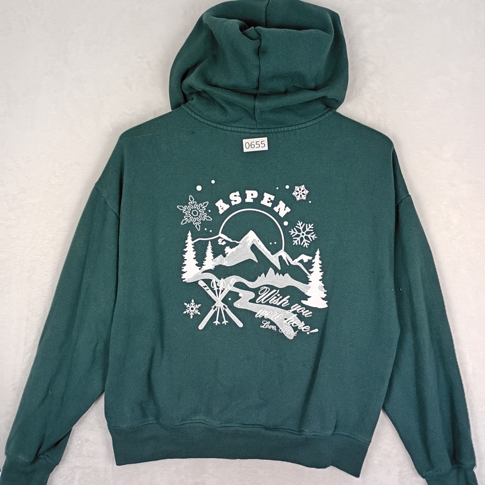 Victoria's Secret PINK Hoodie Womens XS Green Aspen Ski Graphic Full Zip Fleece